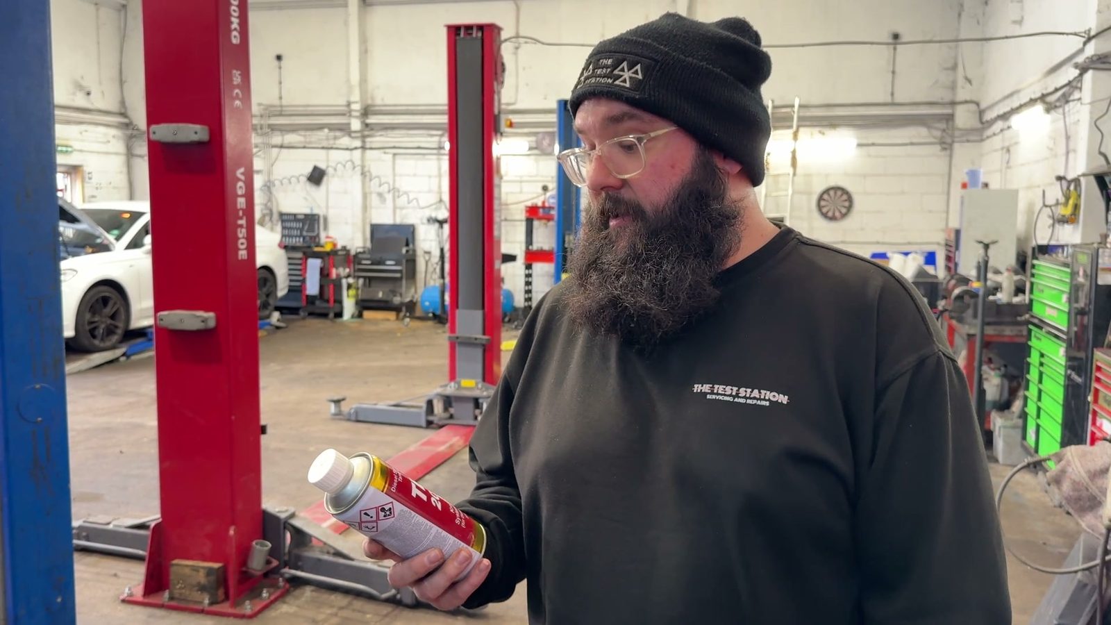 Ricky in The Test Station workshop holding a can of TEC 2000 Diesel System Cleaner, 6 November 2025.